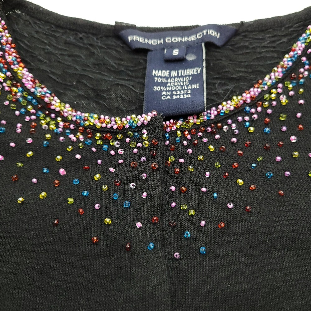 French Connection Women's Beaded Wool Cardigan S Black Sheer‎ Beaded Detail